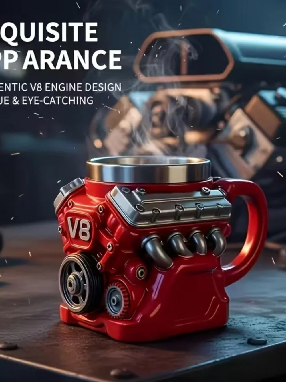 V8 Engine Stainless Steel Coffee Mug w/Insulated Handle, Perfect for Mechanics
